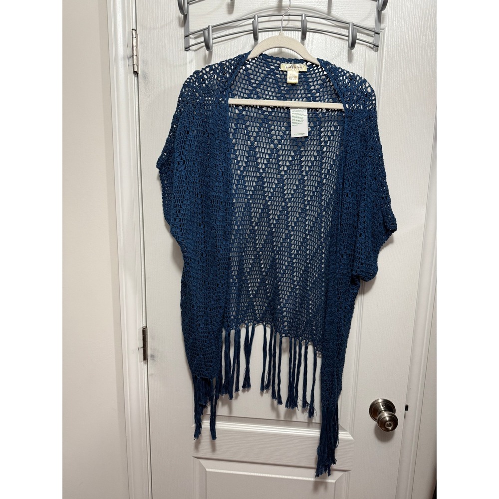 Lucky and Coco Crochet Kimono Open Knit Cardigan Sweater Fringe L XL‎ Blue NWT